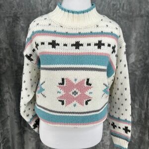 62 East Women S Geometric Pattern Mock Neck Sweater Cream Blue Pink Gray Winter